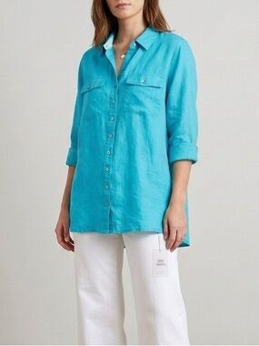 SYMPLI 100% Linen Oversized Button Down Shirt Turquoise Sz S Resortwear Travel